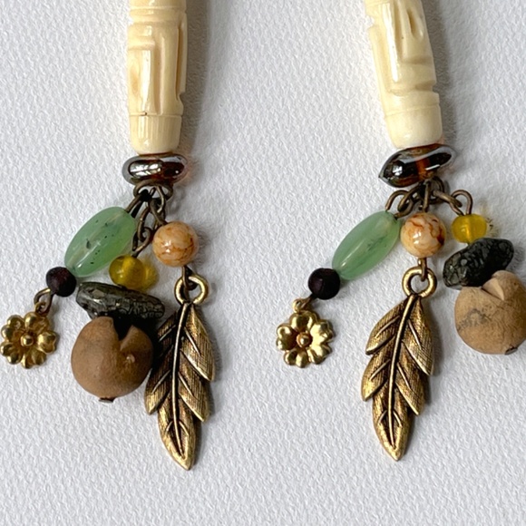 Vintage Robert Rose Long Dangle Clip Earrings Tribal Aventurine Jasper Bone Boho - Picture 5 of 9